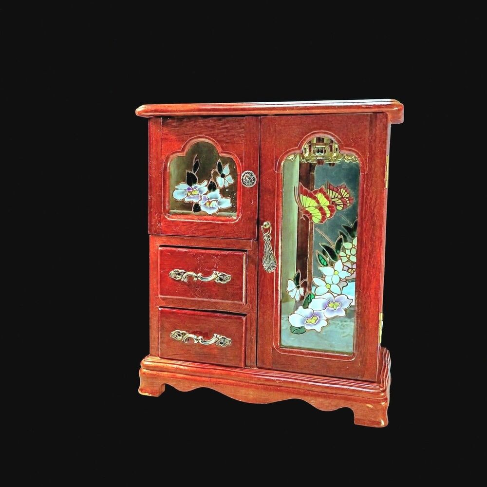 Vintage Wood Jewelry Box with Butterfly & Flower Detail |